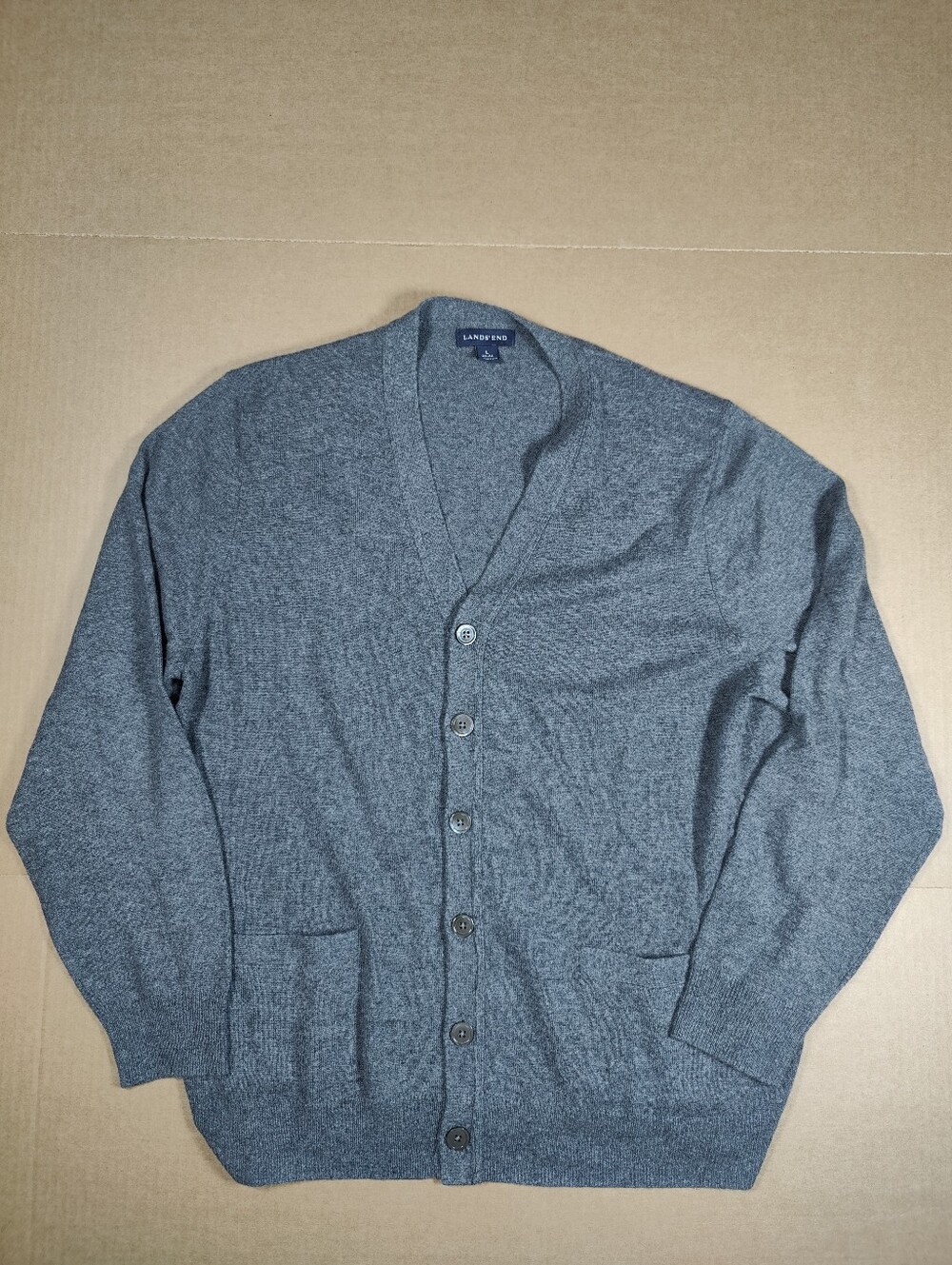 Lands' End Men's 100% Cashmere Gray Long Sleeve Cardigan Sweater Size L